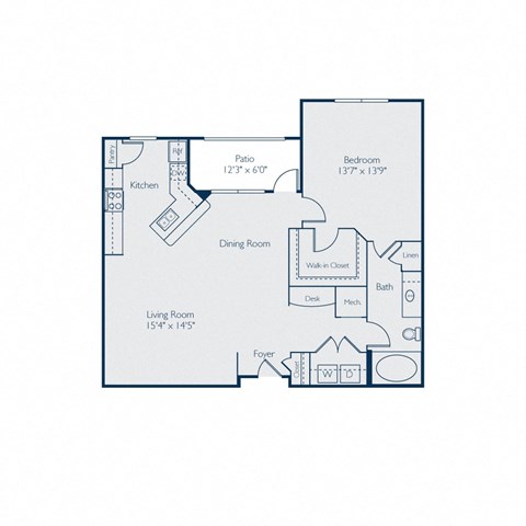 Floor plan for 1 bed, 1 bath, 1025 sqft
